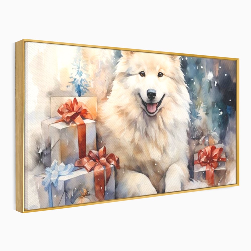 Tablou canvas cu tablou cu caine samoyed si cadouri de craciun, in rama de aluminiu auriu